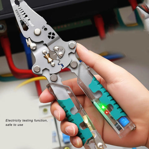 Kickass 12 In 1 Wire Stripper And Crimper Pocket Multitool Pliers showing electricity testing function and grip design.