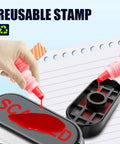 Solid Workhorse Eight In One Self Inking Office Stamp Set For Paid Copy Void Scanned Entered Original Approved Confidential Documents Quick Handling Easy Storage And Smooth Daily Desk Operations In Bright Red Ink with ink being added.