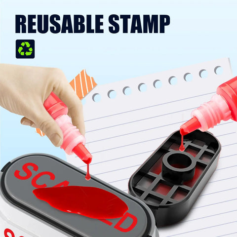 Solid Workhorse Eight In One Self Inking Office Stamp Set For Paid Copy Void Scanned Entered Original Approved Confidential Documents Quick Handling Easy Storage And Smooth Daily Desk Operations In Bright Red Ink with ink being added.