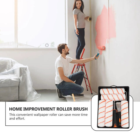 Pro Level Heavy Duty Paint Roller Brush Set With Comfortable Tpr Rubber Grip And Sturdy Steel Tray Frame in use during home painting.
