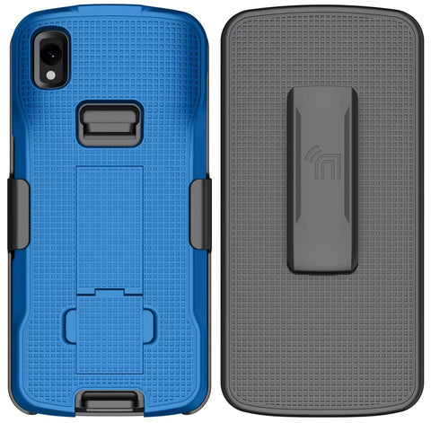 Heavy Duty Kickstand Case Paired With Swivel Belt Holster Combo For Zebra Tc22 And Tc27 Warehouse Scanners Delivering Dead Reliable Protection And Swift One Hand Mounting Blue - Front and back view.