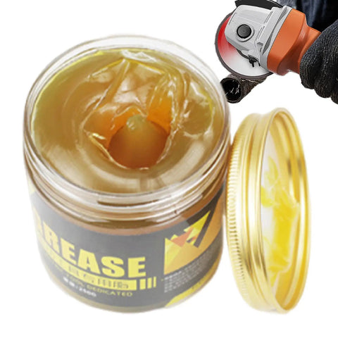 Industrial Grease For Hammer Bit Drills And Bearings 250G Heavy Duty Lubricant jar with open lid and glove holding tool