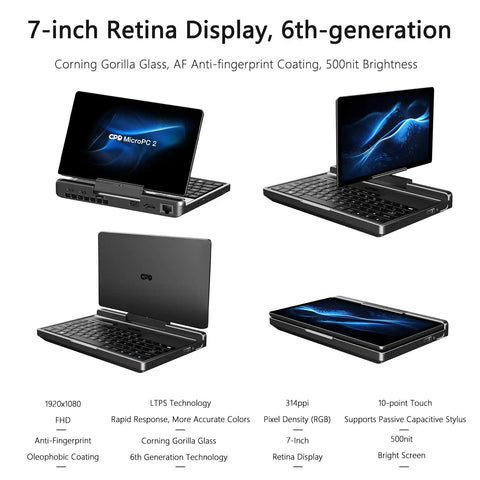 Badass 7 Inch FHD Touchscreen Mini Laptop PC Featuring Intel Core I3 N300 Eight Core Processor With 16GB RAM And 512GB SSD Drive Plus Fast WiFi 6 Hotspot For Daily Grind, showing 7-inch Retina Display and compact design.