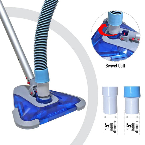 1.5 Inch X 24 Ft Flexible Pool Vacuum Hose With See Through Triangular Weighted Head And Swivel Cuff Kink Resistant