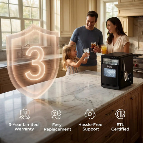 Family enjoying drinks next to Nugget Ice Maker For Countertop With 44 Lb Per Day Capacity Self Cleaning Black Stainless Steel Portable Ice Machine