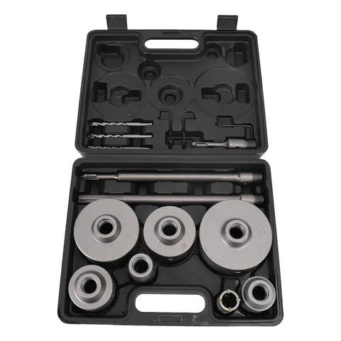 Get This Rock Solid Aramox Hole Saw Kit For Concrete Jobs With Seven Tungsten Steel Sizes From 30 Mm To 110 Mm And An Sds Plus Shank Making Masonry Tasks Way Easier And Faster For Your Next Big Build Or Repair Job At Home. Open case with tungsten hole saws, SDS Plus adapters, and bits