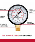 Winters 2-in dial pressure gauge with brass internals, black steel case, dual psi/kPa scale, 1/4 in NPT bottom mount.