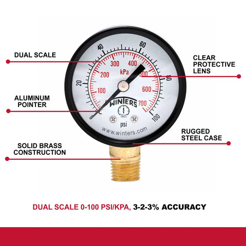 Winters 2-in dial pressure gauge with brass internals, black steel case, dual psi/kPa scale, 1/4 in NPT bottom mount.