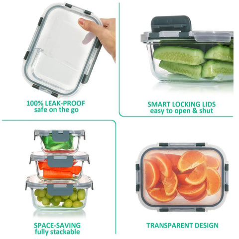 24 Piece Glass Food Storage Set With Airtight Lids BPA Free Freezer Microwave And Oven Safe Includes 12 Glass Containers And 12 Lids Three Shapes And Twelve Sizes Great For Meal Prep And Leftovers Gray showcasing stackable containers with fruits and vegetables.