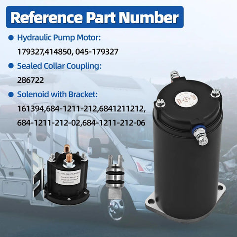 Hydraulic Pump Motor Kit For Unidirectional RV Leveling System Ready To Roll Seven Point Five Inch Height Includes Manual Drive Sealed Collar Coupling 286722 And Solenoid With Bracket 684 1211 212 Compatible With 179327 414850 displayed with reference part numbers
