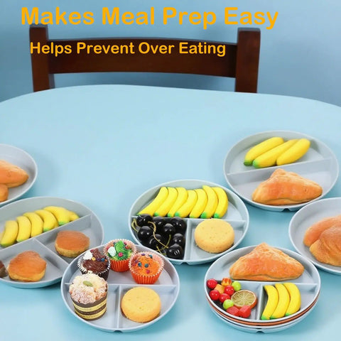 Eight Pack 9 Inch Divided Plates With Spoons Set Colorful Stackable Portion Control Dinner Plates Plastic Unbreakable Microwave Safe