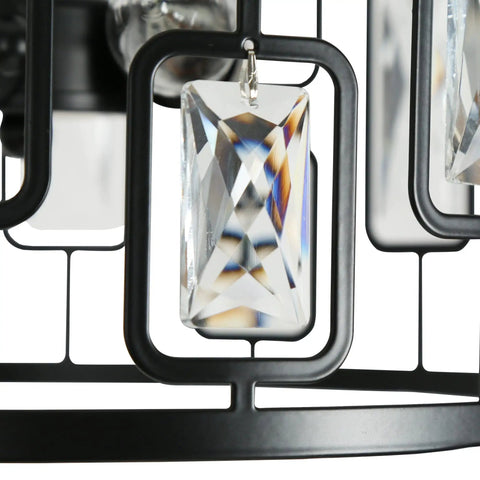 Close-up of Crystal Semi Flush Mount Ceiling Light With 3 Lights, black modern chandelier detail showing crystal and metal frame.