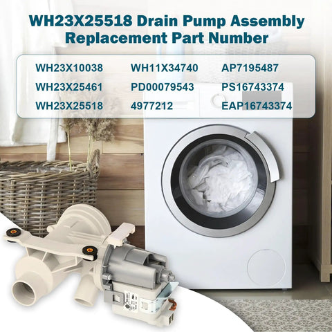 Front Load Washer Drain Pump Assembly Replacement Works With GE Models WH23X10038 And WH23X25461 120V 60Hz With Removable Filter Plug And Play For Easy Install And Quiet Operation shown with washer and pump