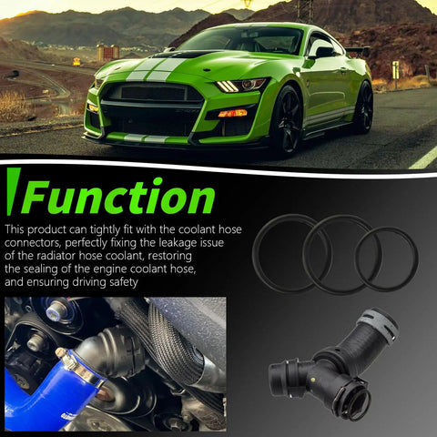 Radiator Hose and Coolant Tee Leak Repair Kit With O Ring Seals for Ford F Series, Mustang, Lincoln models, various views.