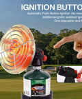 Portable Propane Golf Cart Heater With Cup Holder, 4100 BTU Self Ignition on golf course with ignition button highlighted.