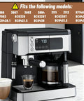 Front view of black stainless coffee maker with glass carafe, milk frother, and digital display.