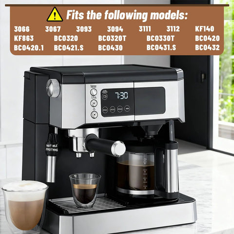 Front view of black stainless coffee maker with glass carafe, milk frother, and digital display.