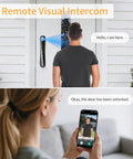 Hella Easy Keyless Entry Setup Featuring Video Doorbell Camera Smart Deadbolt Palm Vein Scanner showing remote intercom in use.