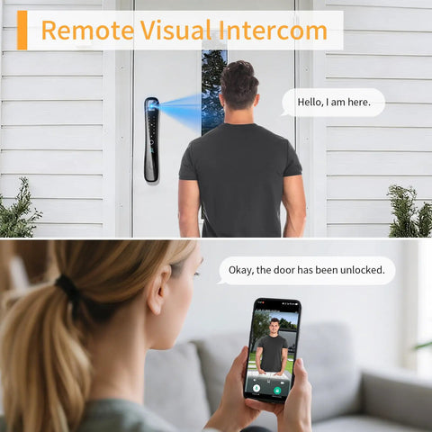 Hella Easy Keyless Entry Setup Featuring Video Doorbell Camera Smart Deadbolt Palm Vein Scanner showing remote intercom in use.