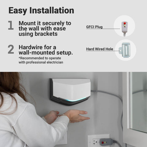 Lightning Fast Hand Dryer For Home And Commercial Bathrooms, Touchless Operation installed on wall with hand underneath