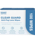 SOLWST OPTIX Clear Guard Anti-Fog Lens Wipes box, 100 pre-moistened, individually wrapped