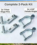 Heavy Duty T Post Gate Hinge Assembly Kit With Galvanized Steel Pins And Female Brackets For Chain Link Fences Quick No Sweat Install Perfect For Farms And Backyards Bully Proof Set, complete 2-pack kit with T-post hinge pins and female hinges.