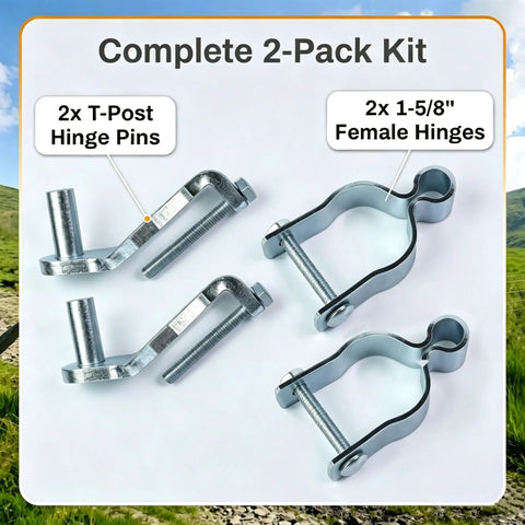 Heavy Duty T Post Gate Hinge Assembly Kit With Galvanized Steel Pins And Female Brackets For Chain Link Fences Quick No Sweat Install Perfect For Farms And Backyards Bully Proof Set, complete 2-pack kit with T-post hinge pins and female hinges.