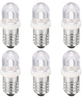 6 Piece E10 Mini LED Bulbs DC 4.5 To 5 Volts At 0.2 Watts, slim white bulbs with metallic base, ideal for flashlights and DIY projects.