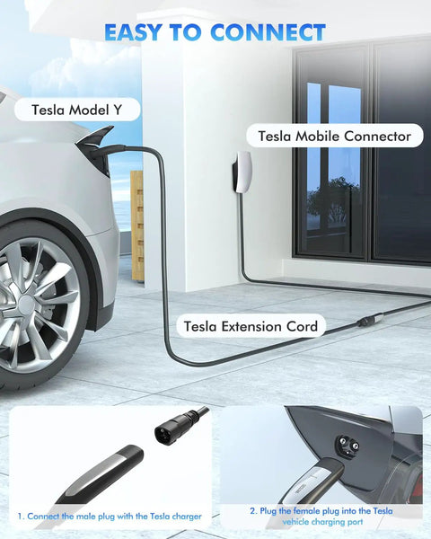 Tesla 50 Amp 40 Foot EV Charger Extension Cable NACS Plug For Wall Connector And Destination Charger 240V Up To 12kW connected to Model Y
