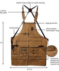 Heavy Duty Waxed Canvas Apron For Woodworking With Pockets And Cross Back Straps, Adjustable From Small To XXL