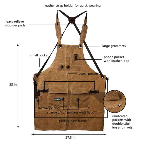 Heavy Duty Waxed Canvas Apron For Woodworking With Pockets And Cross Back Straps, Adjustable From Small To XXL