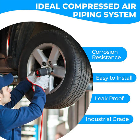 Mechanic using a Heavy Duty Shop Air Line Kit Three-Quarters Inch HDPE Aluminum HDPE Tubing for Compressed Air System