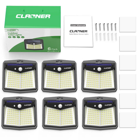Outdoor Solar Motion Sensor Lights Six Pack With 128 LED, 270 Degree Wide Angle, IP65 Waterproof Security Lighting packaging