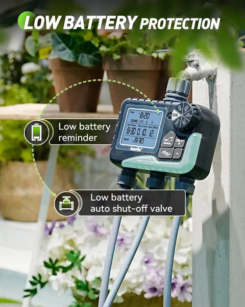 Three Zone Sprinkler Timer For Lawn And Garden With No Fuss Programmable Watering Modes Auto Manual Rain Delay IP65 Waterproof With Large LCD Screen And Fortified Valve For Strong Water Flow showing low battery protection and shut-off valve