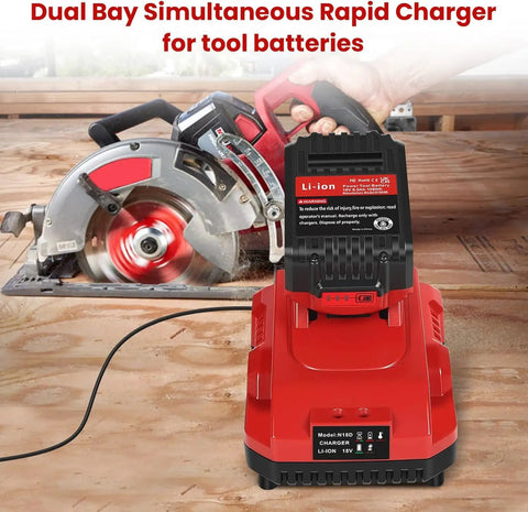 Red dual bay rapid charger on workbench with circular saw, Rapid 18V Lithium Battery Charger Station, Fast Single-Bay Charger Delivers Up To 3x Faster Charging, Smart Indicator Lights, Drop-In Dock, Compatible With Most 18V Lithium Tool Batteries, Great For Home, Shop, And Job Site.