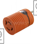 Rock Solid Generator Adapter Featuring Straight Up Reliable Nema 5-15P To L14 20R Four Prong Locking Connector with orange shell.