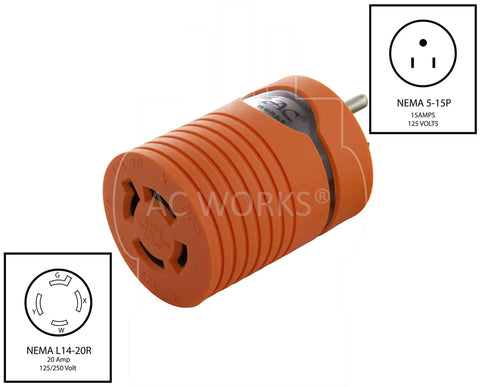 Rock Solid Generator Adapter Featuring Straight Up Reliable Nema 5-15P To L14 20R Four Prong Locking Connector with orange shell.