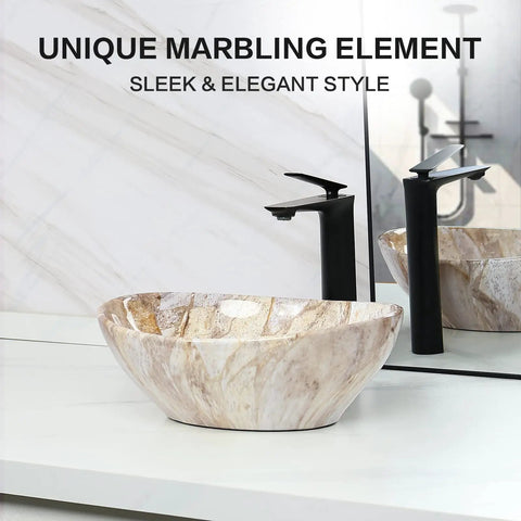 Oval Marble Vessel Sink With Pop Up Drain For Above Counter Bathroom Ceramic Vessel Sink With Nordic Marbling Modern European Style Countertop Sink For Master Bath Or Powder Room Totally Eye Catching Oval Sink Bowls