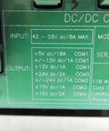 Mox12 P3509 B Switching Power Supply 42 to 58 V DC Input, 15 or 24 V DC Output, Choice of 1A, 2A, or 10A, Rugged Industrial Power Module for Tough Electronics label close-up