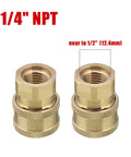 Front view: pair of brass 1/4 in NPT pressure washer quick-connect couplers.
