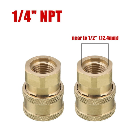 Front view: pair of brass 1/4 in NPT pressure washer quick-connect couplers.