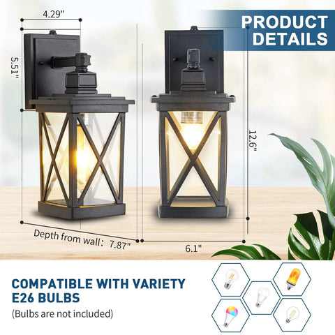 Two Pack Dusk To Dawn Outdoor Wall Lanterns With Photocell Sensor, Modern Exterior Wall Lights, Dimensions and Bulb Compatibility