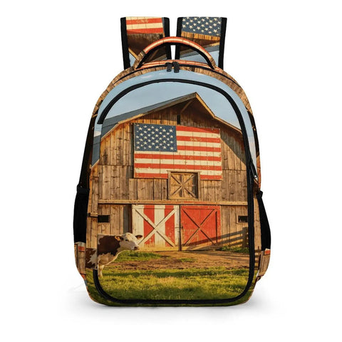 Pasture Farm Print Backpack for Everyone, unisex large capacity daypack with barn and cow design, durable polyester school bag.