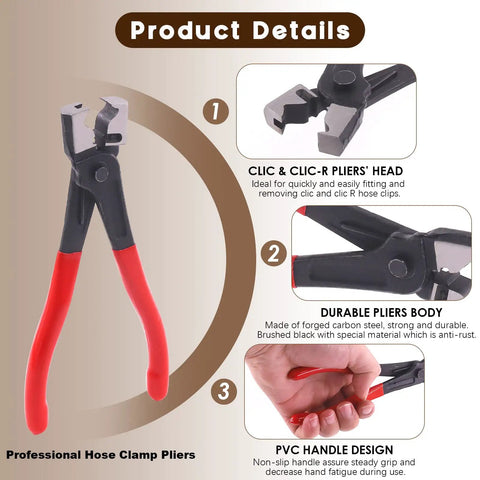 Image of professional hose clamp pliers with red handles, featuring durable carbon steel body and PVC handle design.