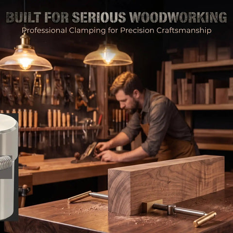 Two Pack Adjustable Bench Dog Clamps For Three Quarter Inch Dog Holes Heavy Duty Workbench Stops With Brass Handles Non Marring Brass Pads Ideal For Woodworking Jig Making Surface And Bar Clamping. Clamp on wood block in workshop