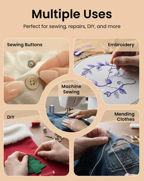 Illustration of sewing buttons, embroidery, machine sewing, and mending clothes using the All-In-One Pro Grade Sewing Thread Kit.