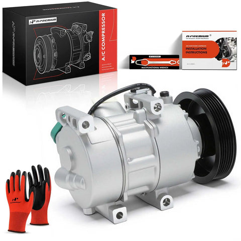Top Shelf AC Compressor Assembly With Integrated Clutch Precharged PAG46 Lubricant, silver compressor with black six groove pulley.
