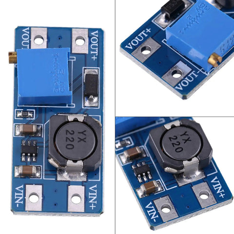 DC To DC Boost Converter Module With Adjustable Output 2V To 28V, 2 Amp High Efficiency Power Supply For Battery Projects And DIY Gadgets, Solar And Camping Gear, Tiny 36 By 17 By 14 Mm. Blue PCB with inductor and screw pads