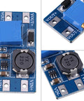Ready To Rock Adjustable DC To DC Step Up Boost Converter With Tweakable 28V Output And Two Amp Peak Draw with blue circuit board.