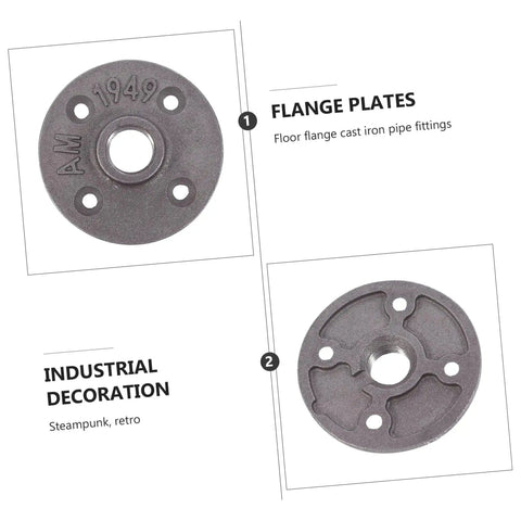 Four Piece Malleable Iron Floor Flange Fittings For Furniture Shelving Decor Industrial Style Clothing Racks Table Legs And Home Design Projects Ideal For DIY Builds And Creative Furnishings close-up of flange plates.